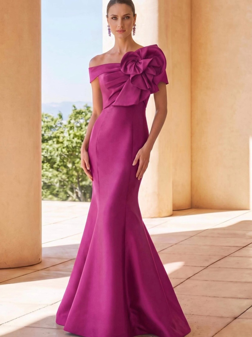 Off-Shoulder Fuchsia Formal Gown with Floral Accent